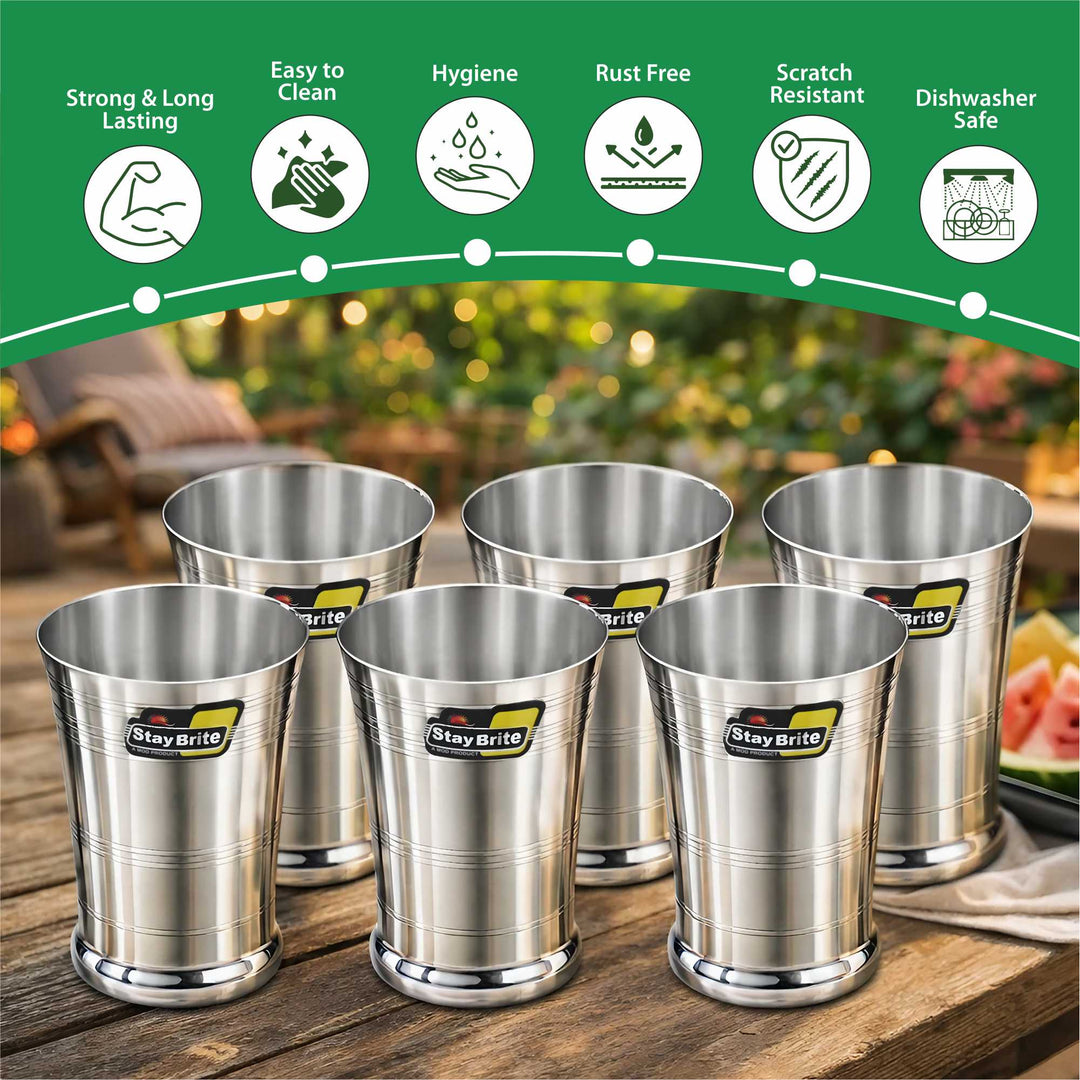 Staybrite Stainless Steel Bolero Glass Set of 6 - 350 ml, Premium Ringer Finish