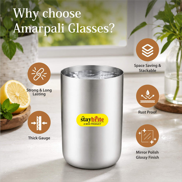 Staybrite Stainless Steel Amrapali Glass Set of 6 | Mirror Finish