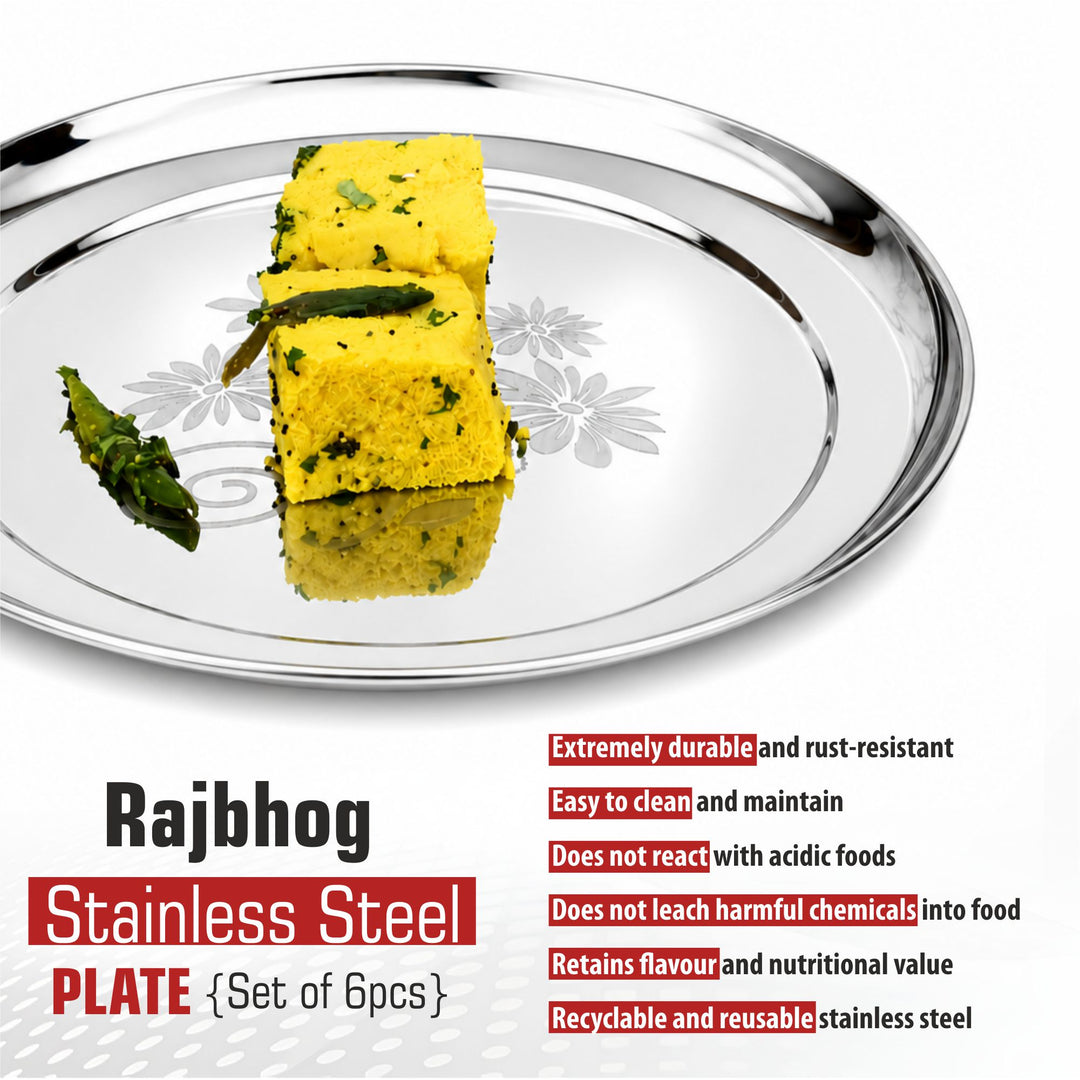 Staybrite Stainless Steel Rajbhog Plate Set of 6 | Dinner Plate Set