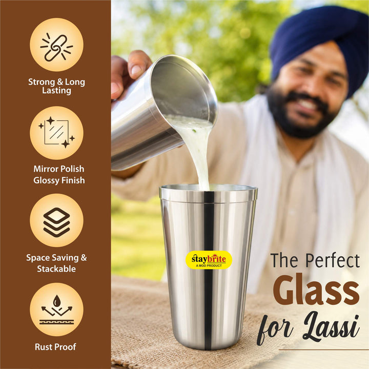Staybrite Stainless Steel Jumbo Lassi Glass Set of 6 | 650 ML