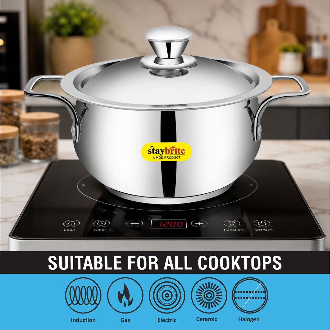 Staybrite Stainless Steel Cook and Serve Handi Set | 3-Piece (14, 16 &amp; 18 CM) with Steel Lid