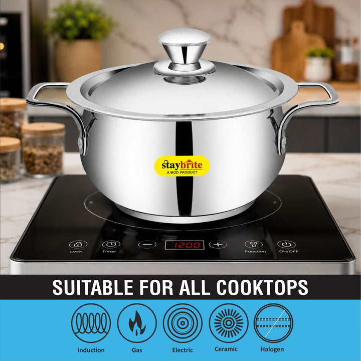 Staybrite Stainless Steel Cook and Serve Handi Set | 3-Piece (14, 16 &amp; 18 CM) with Steel Lid