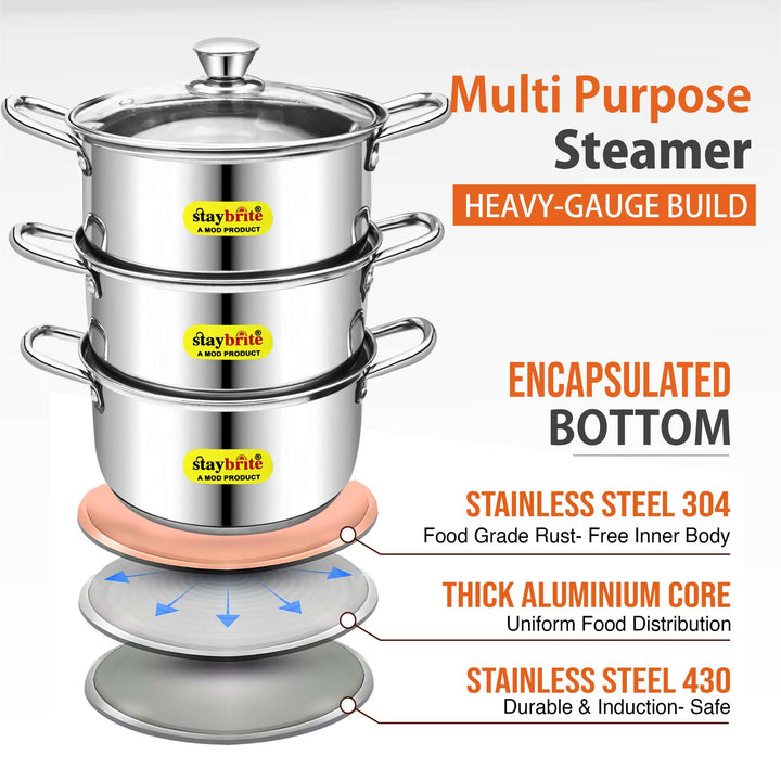 Staybrite Multi - Purpose Stainless Steel Steamer Kadai -20 cm
