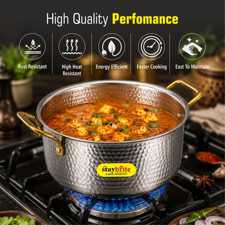 Triply Hammered  Stock Pot | 3-Ply Stainless Steel Stock Pot for Even &amp; Healthy Cooking