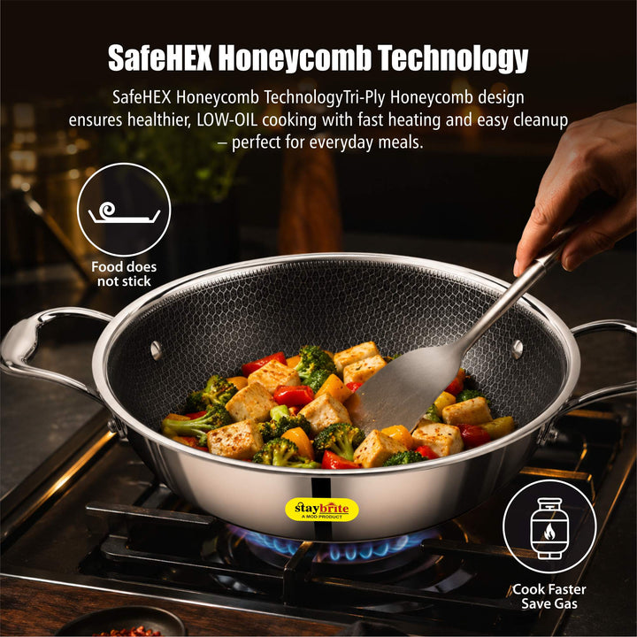 Staybrite Triply Honeycomb Kadai with Glass Lid