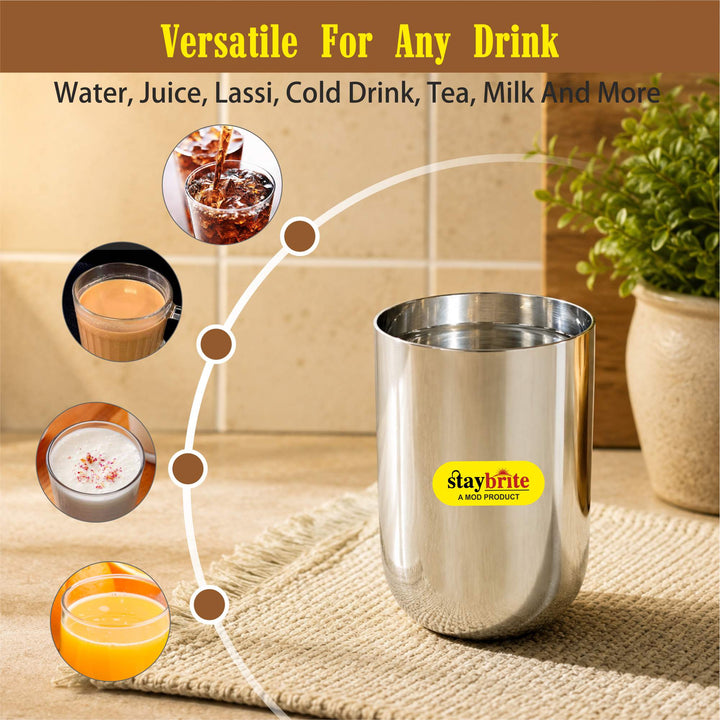 Staybrite Royal Stainless Steel Glass Set of 6 | Plain | Durable Drinkware