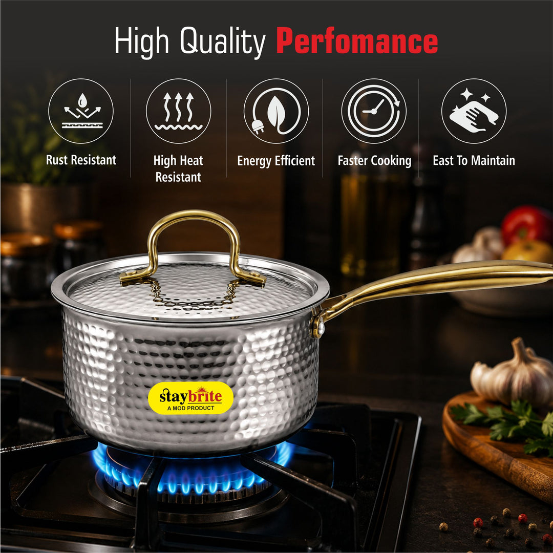 Triply Hammered Saucepan – 3-Ply Stainless Steel Sauce Pan for Even Heating &amp; Healthy Cooking