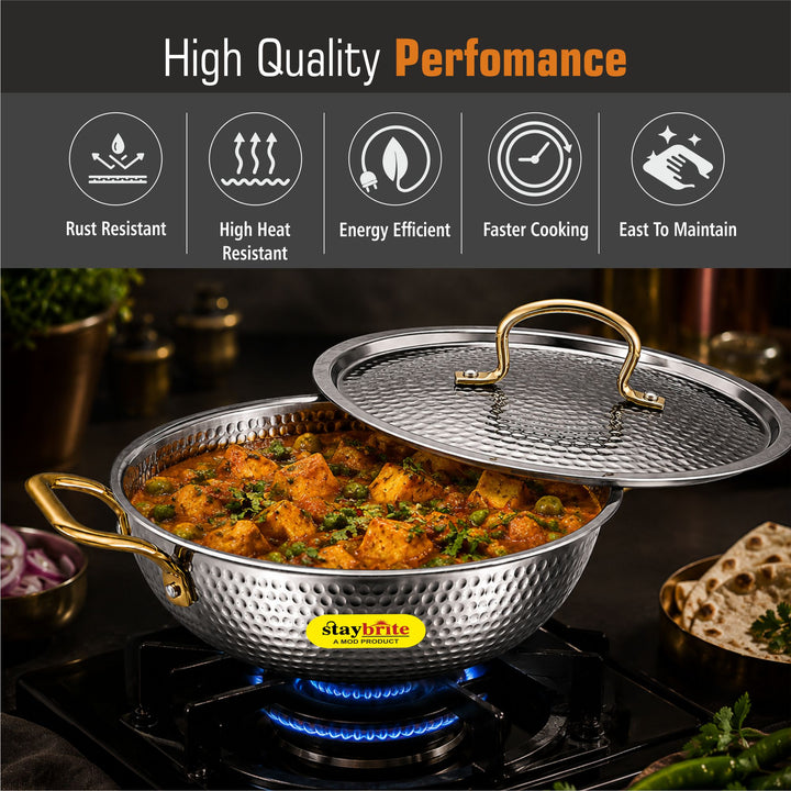 Triply Mathar Kadai with Hammered Lid | 3-Ply Stainless Steel Kadai
