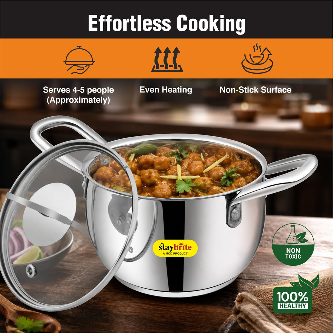 Staybrite Stainless Steel Cook and Serve Handi Set | 3-Piece (14, 16 &amp; 18 CM) with Glass Lid