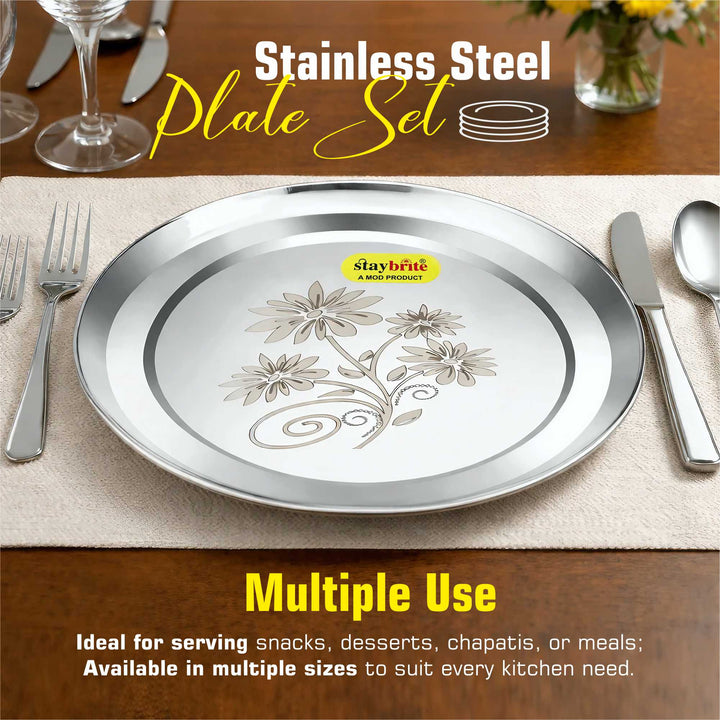 Staybrite Stainless Steel Rajbhog Plate Set of 6 | Dinner Plate Set