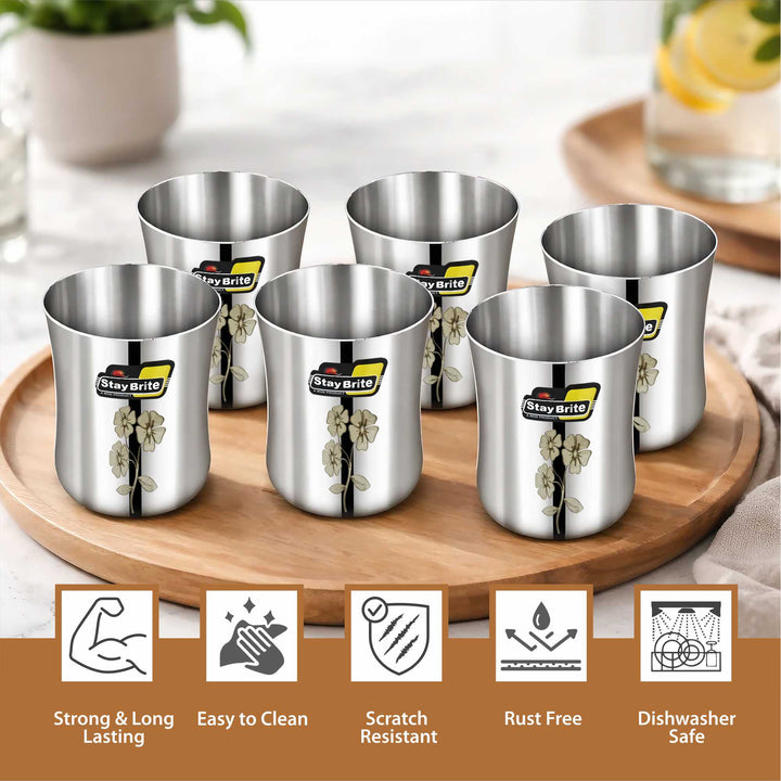 Staybrite Stainless Steel Damru Laser Glass Set of 6 – 300 ml 7 cm