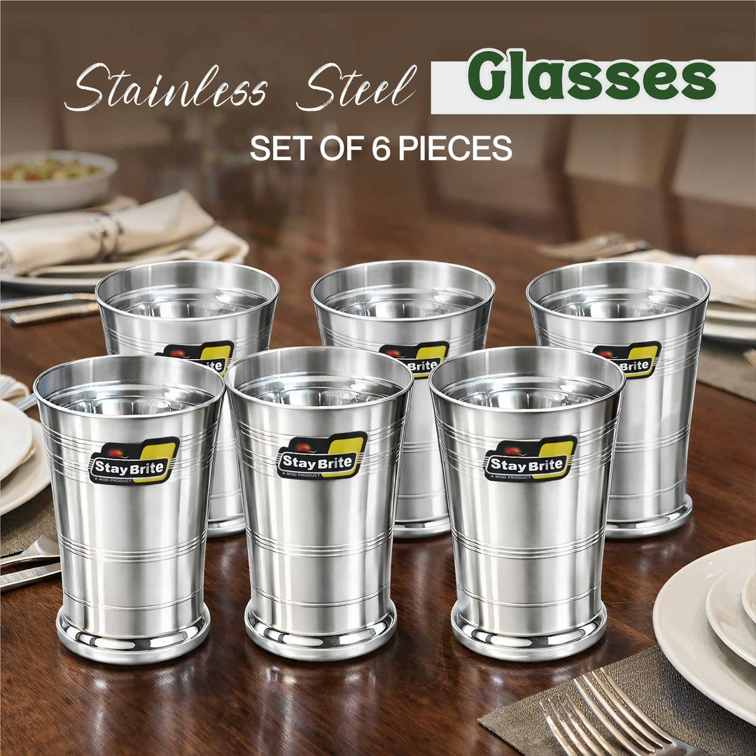 Staybrite Stainless Steel Bolero Glass Set of 6 - 350 ml, Premium Ringer Finish