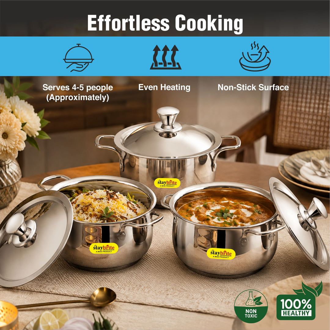 Staybrite Stainless Steel Cook and Serve Handi Set | 3-Piece (14, 16 &amp; 18 CM) with Steel Lid