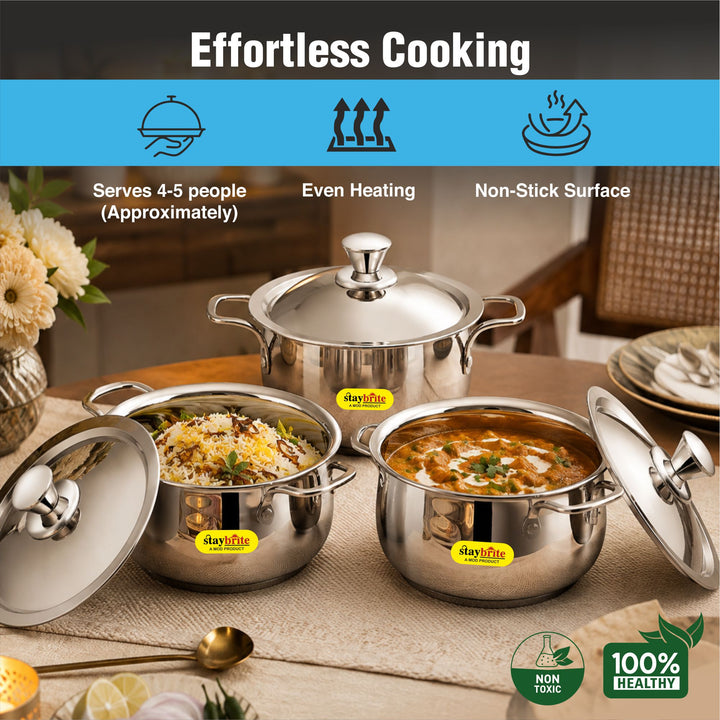 Staybrite Stainless Steel Cook and Serve Handi Set | 3-Piece (14, 16 &amp; 18 CM) with Steel Lid