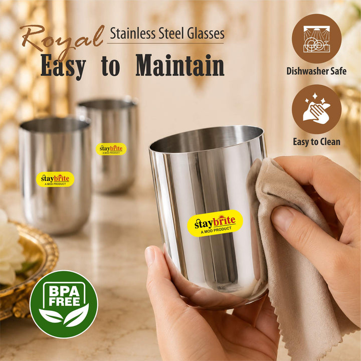 Staybrite Royal Stainless Steel Glass Set of 6 | Plain | Durable Drinkware