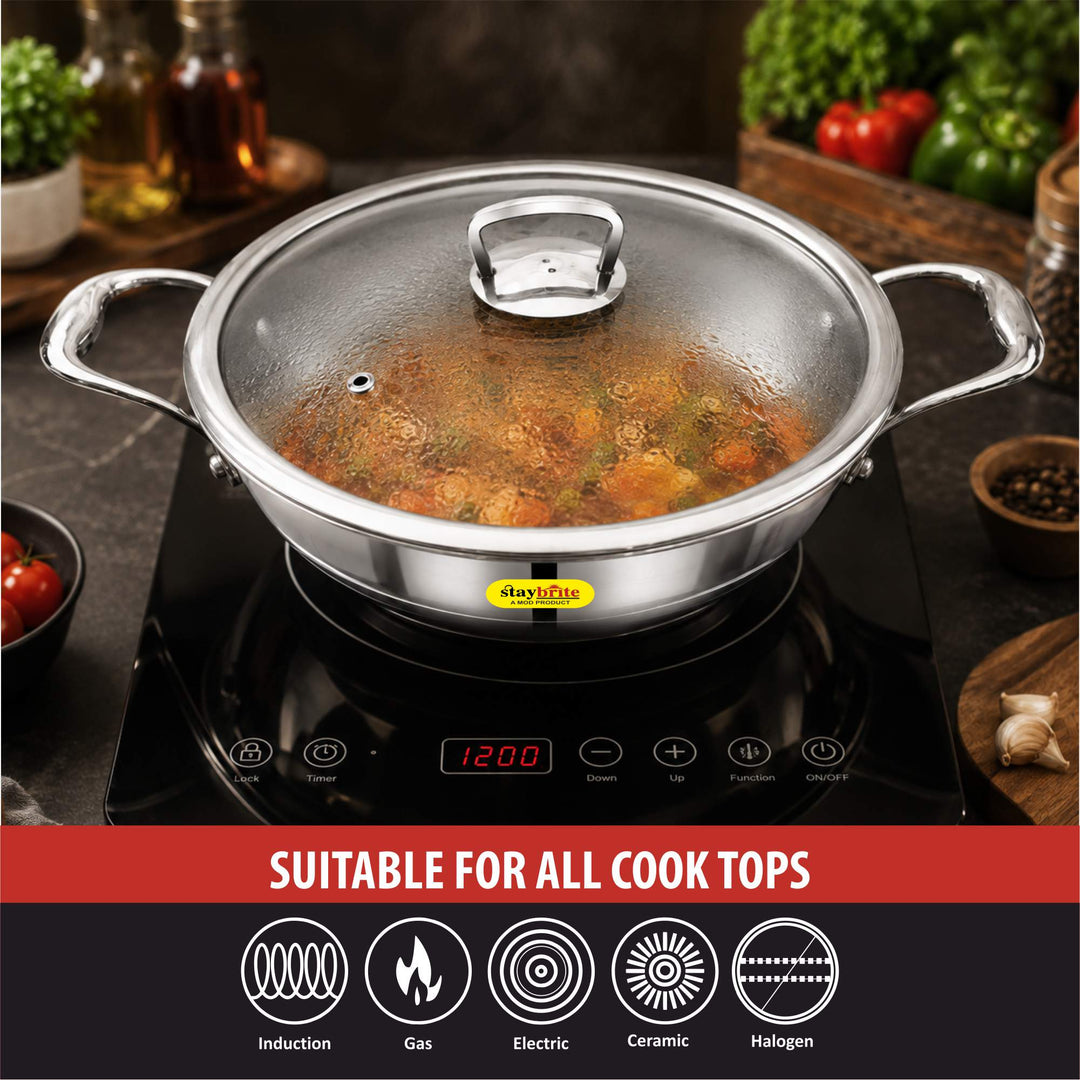 Staybrite Triply Honeycomb Kadai with Glass Lid
