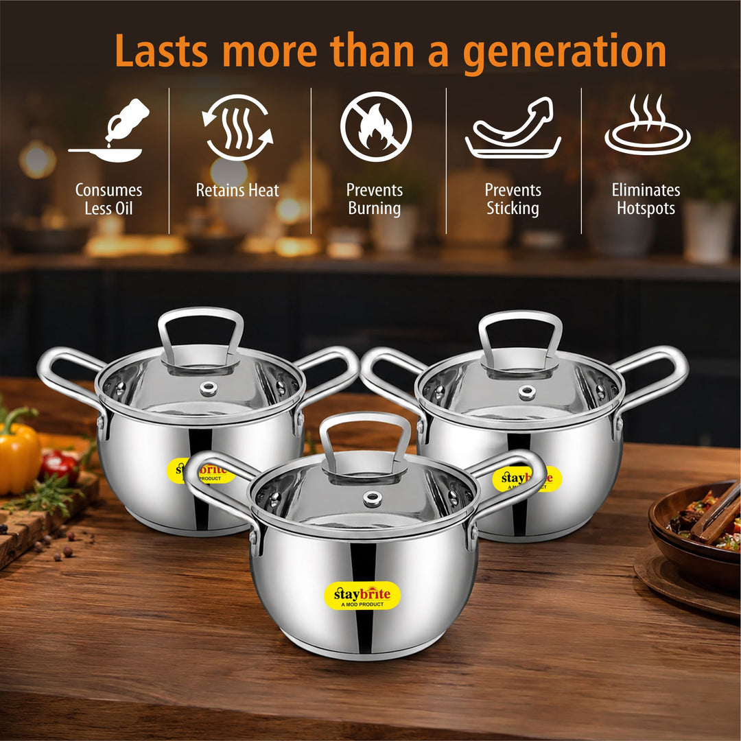 Staybrite Stainless Steel Cook and Serve Handi Set | 3-Piece (14, 16 &amp; 18 CM) with Glass Lid