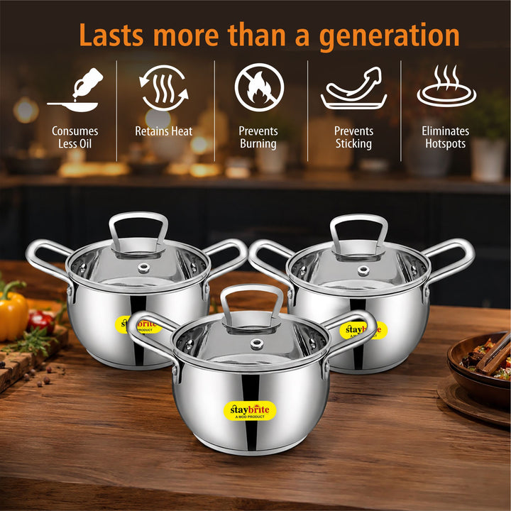Staybrite Stainless Steel Cook and Serve Handi Set | 3-Piece (14, 16 &amp; 18 CM) with Glass Lid