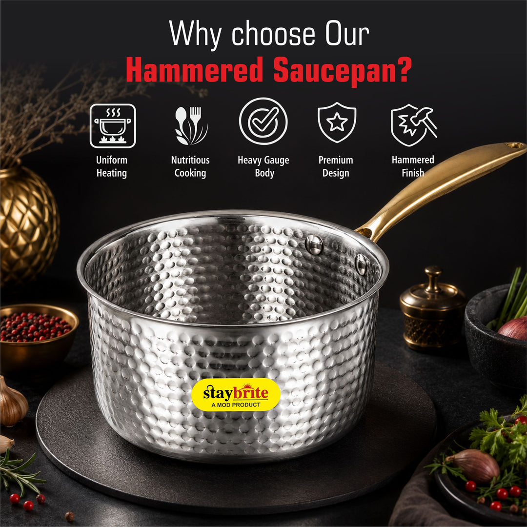 Triply Hammered Saucepan – 3-Ply Stainless Steel Sauce Pan for Even Heating &amp; Healthy Cooking