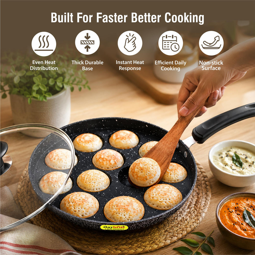 Staybrite Non-Stick Appam Pan with Glass Lid 20 CM | Appam Maker