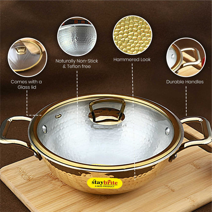 Brass Kadhai with Glass Lid– Premium Wok with Heat-Resistant Transparent Lid for Indian Cooking