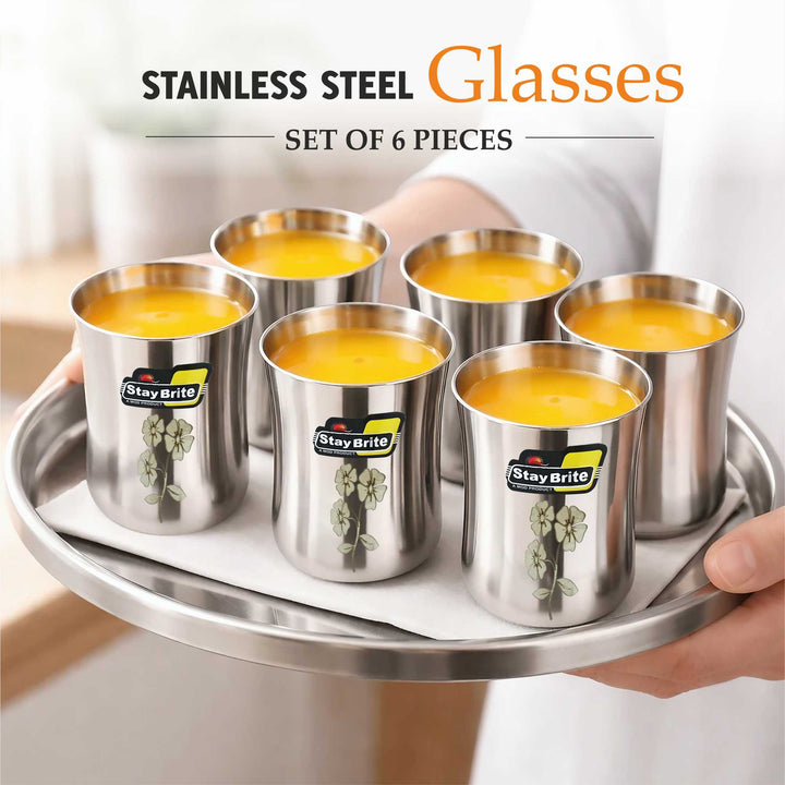 Staybrite Stainless Steel Damru Laser Glass Set of 6 – 300 ml 7 cm