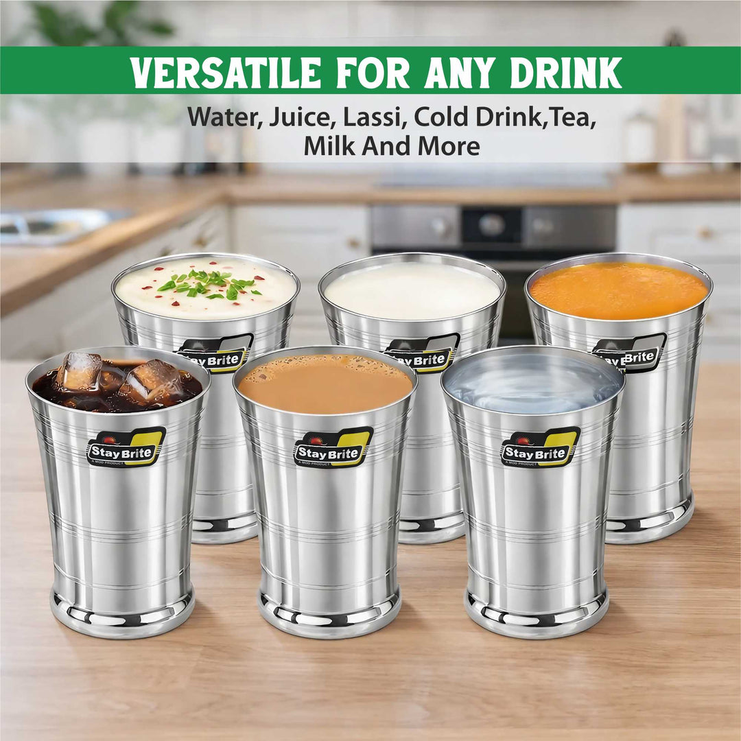 Staybrite Stainless Steel Bolero Glass Set of 6 - 350 ml, Premium Ringer Finish