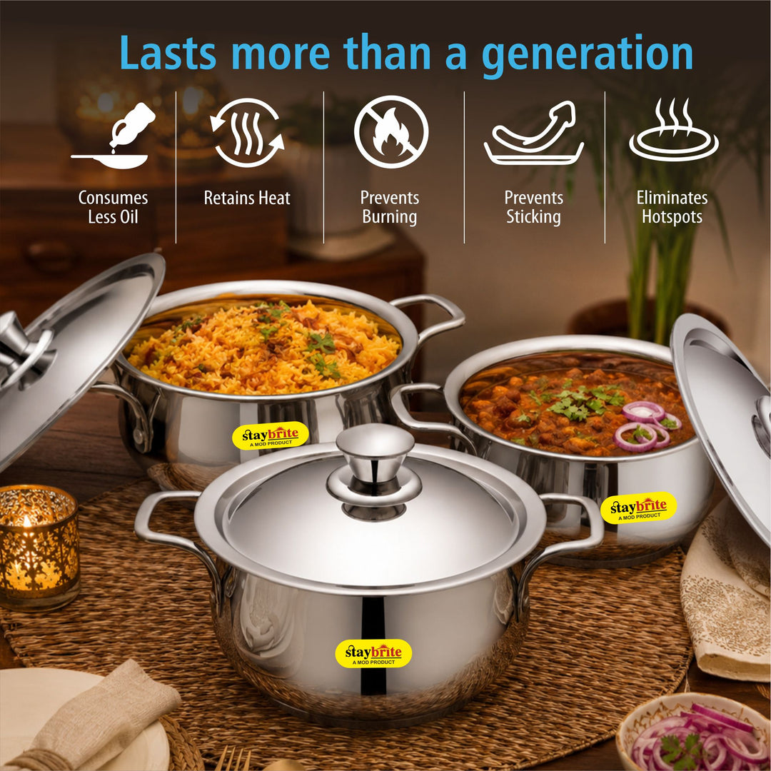 Staybrite Stainless Steel Cook and Serve Handi Set | 3-Piece (14, 16 &amp; 18 CM) with Steel Lid