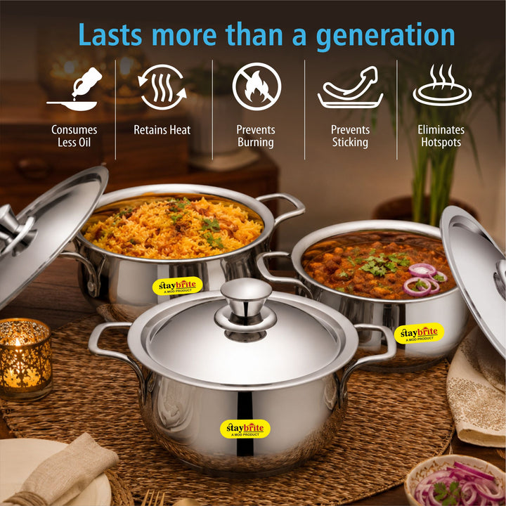 Staybrite Stainless Steel Cook and Serve Handi Set | 3-Piece (14, 16 &amp; 18 CM) with Steel Lid
