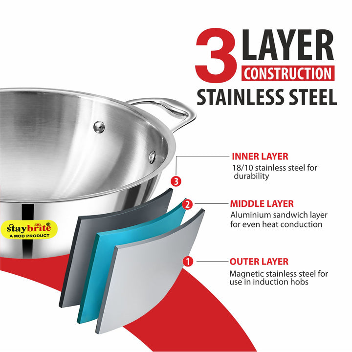 Triply Deep Kadai | 3-Ply Stainless Steel for Even Heat Cooking