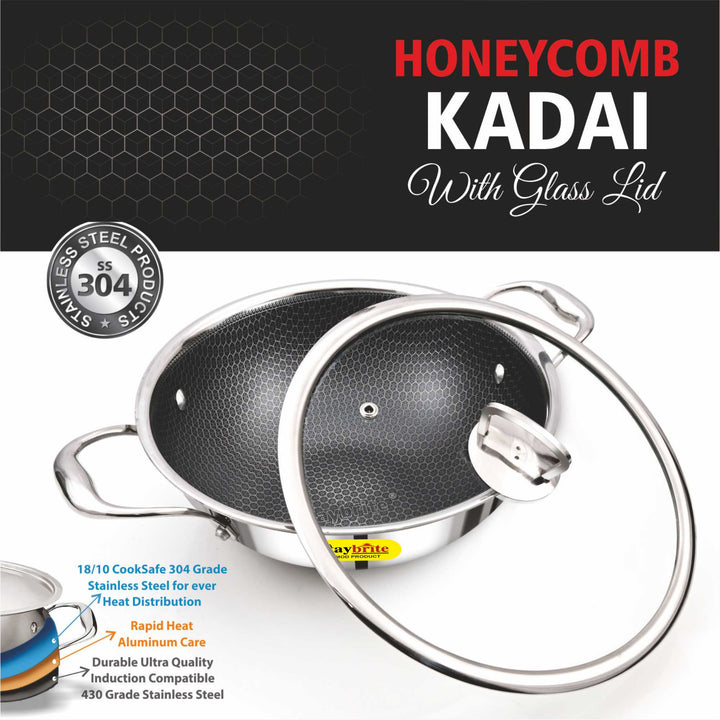 Triply Honeycomb Kadai with Glass Lid – Premium Cooking Vessel for Indian Kitchen