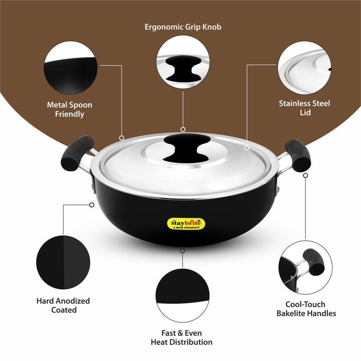 Staybrite Hard Anodized Deep Kadai | Heavy-Duty Kadai