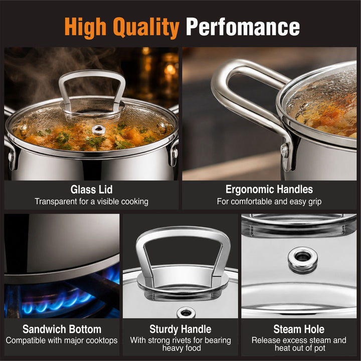 Staybrite Stainless Steel Cook and Serve Handi Set | 3-Piece (14, 16 &amp; 18 CM) with Glass Lid