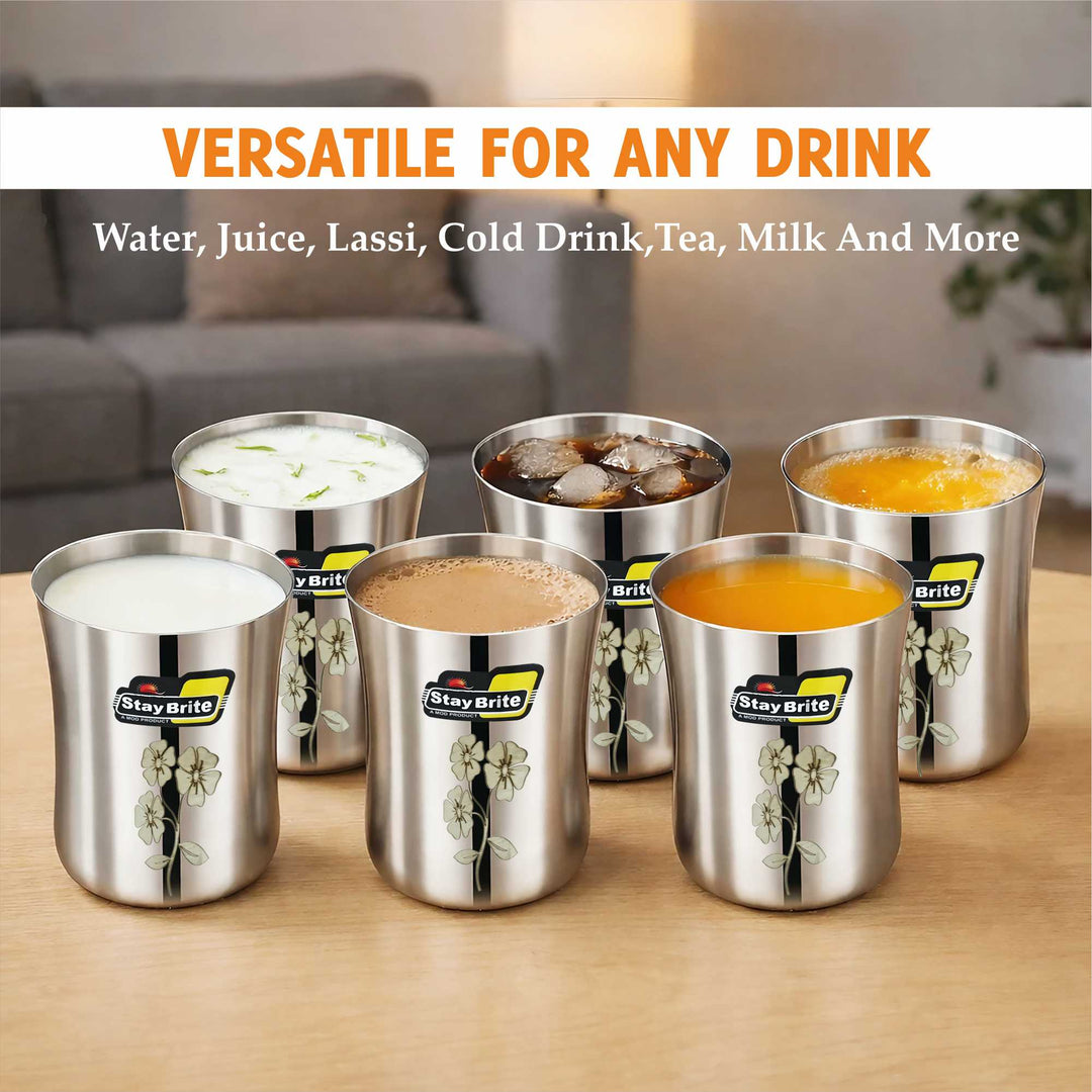 Staybrite Stainless Steel Damru Laser Glass Set of 6 – 300 ml 7 cm
