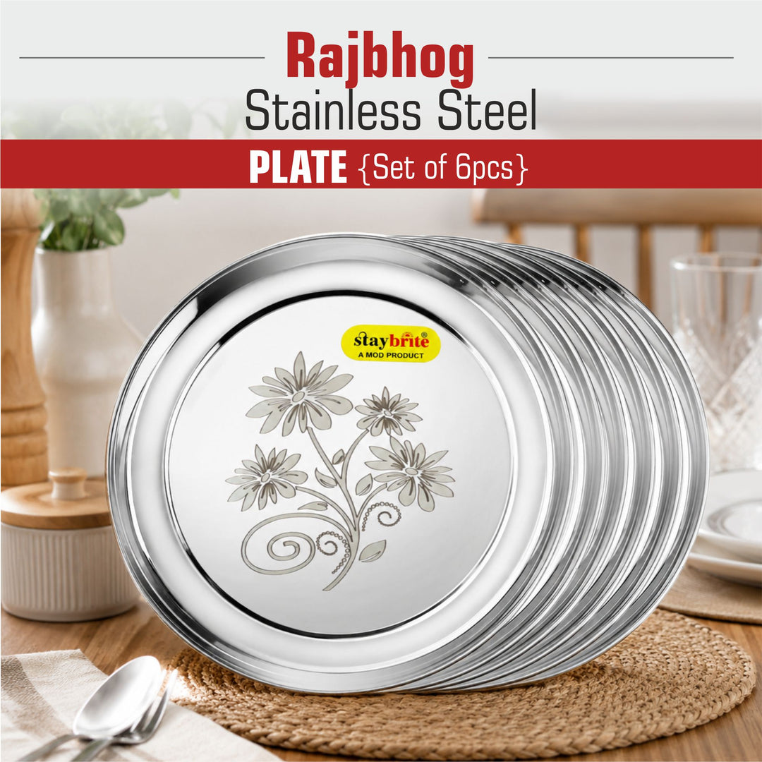 Staybrite Stainless Steel Rajbhog Plate Set of 6 | Dinner Plate Set