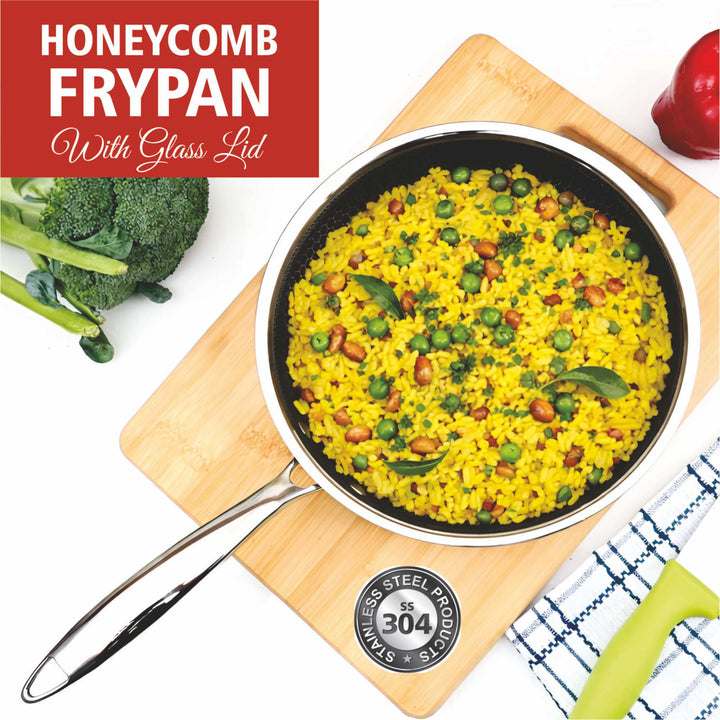Triply Honeycomb Frypan with Glass Lid – Premium 3-Ply Non-Stick Stainless Steel