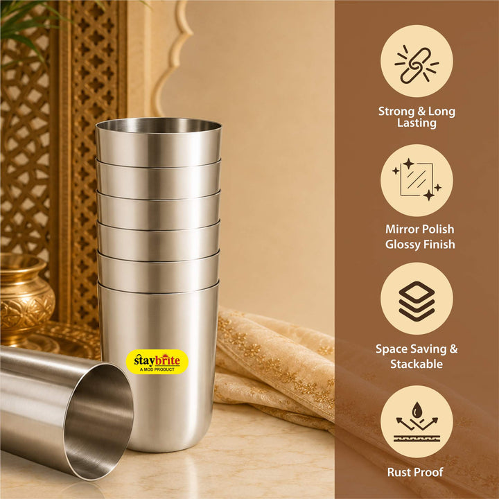 Staybrite Royal Stainless Steel Glass Set of 6 | Plain | Durable Drinkware