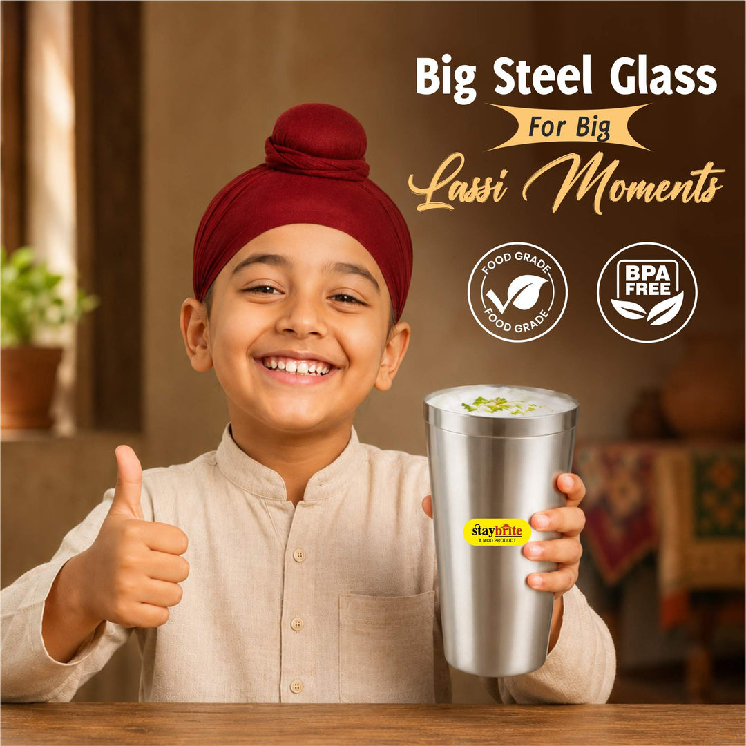 Staybrite Stainless Steel Jumbo Lassi Glass Set of 6 | 650 ML