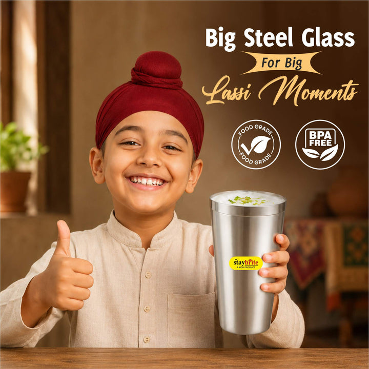 Staybrite Stainless Steel Jumbo Lassi Glass Set of 6 | 650 ML