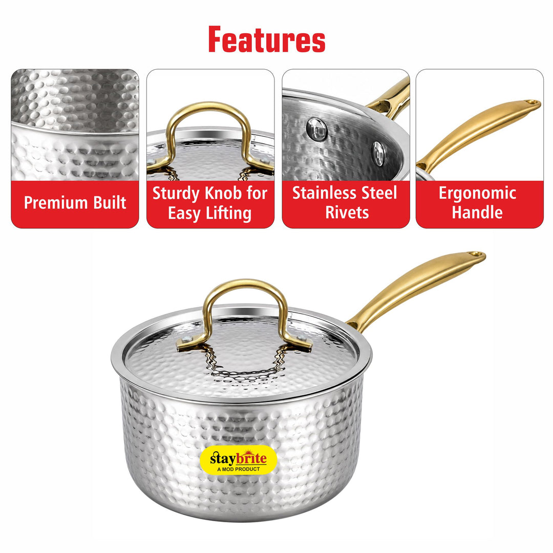 Triply Hammered Saucepan – 3-Ply Stainless Steel Sauce Pan for Even Heating &amp; Healthy Cooking