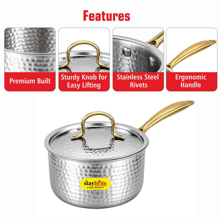 Triply Hammered Saucepan – 3-Ply Stainless Steel Sauce Pan for Even Heating &amp; Healthy Cooking
