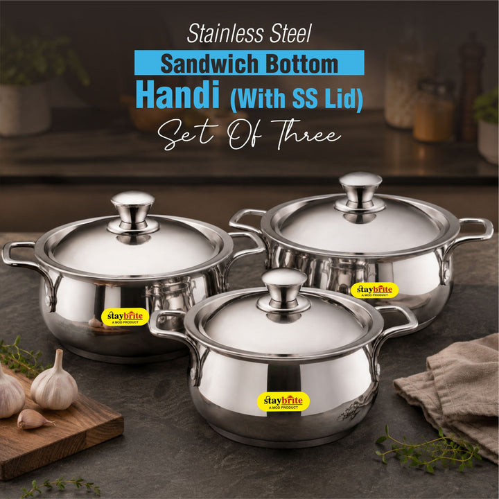 Staybrite Stainless Steel Cook and Serve Handi Set | 3-Piece (14, 16 &amp; 18 CM) with Steel Lid