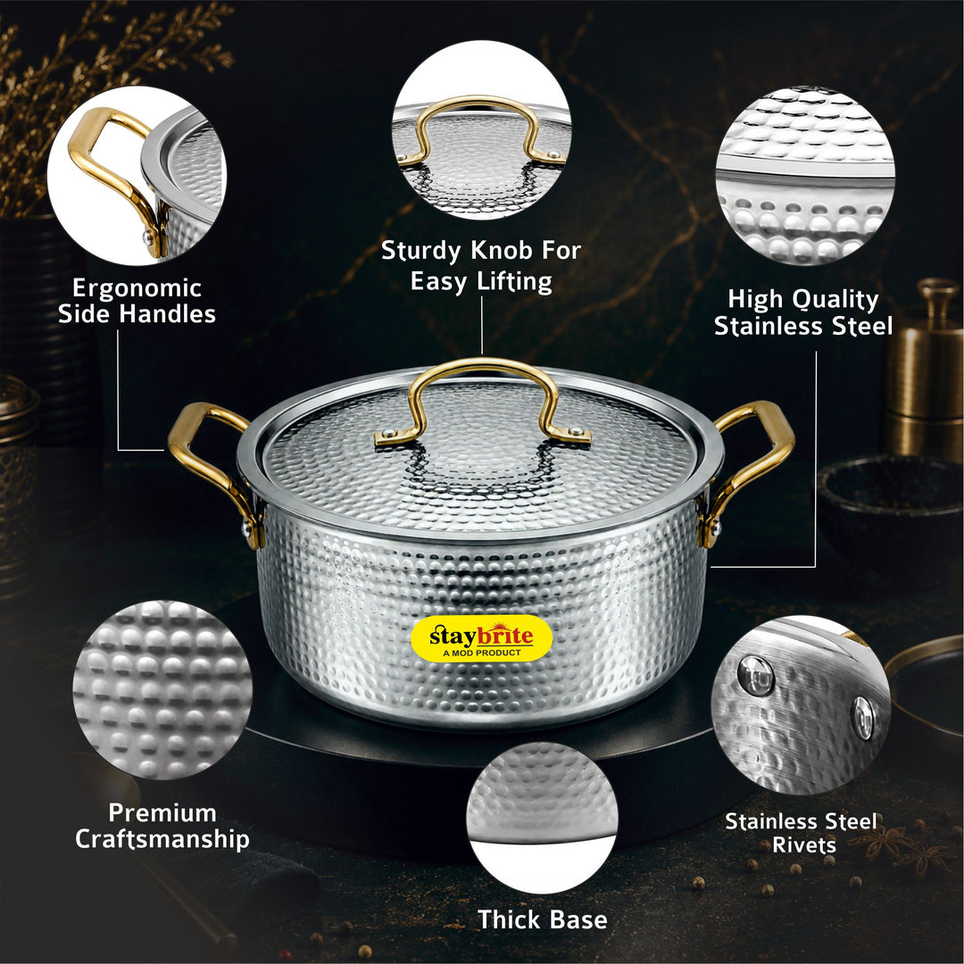 Triply Hammered  Stock Pot | 3-Ply Stainless Steel Stock Pot for Even &amp; Healthy Cooking
