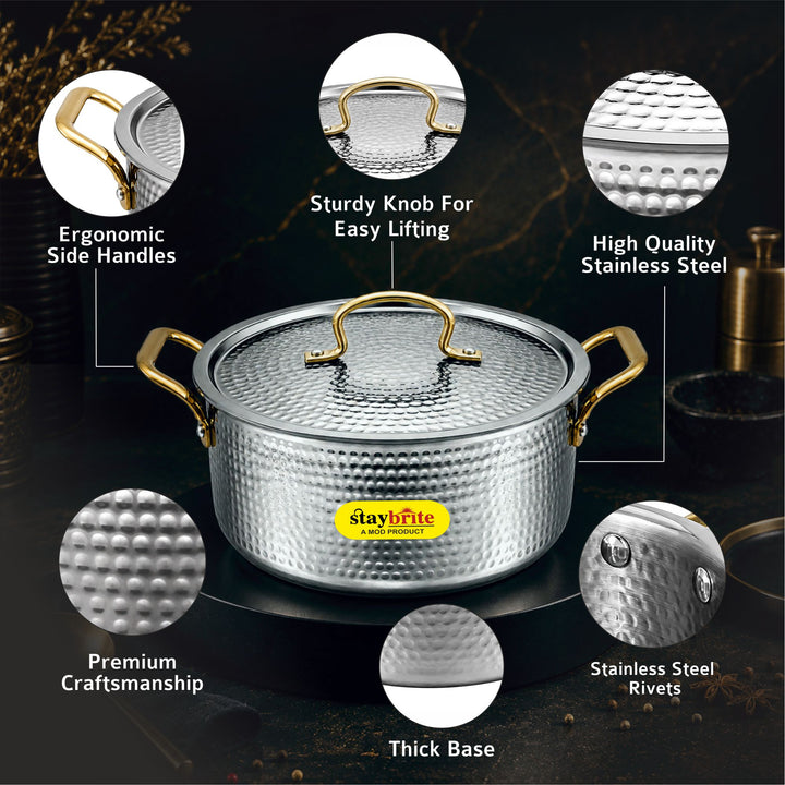 Triply Hammered  Stock Pot | 3-Ply Stainless Steel Stock Pot for Even &amp; Healthy Cooking