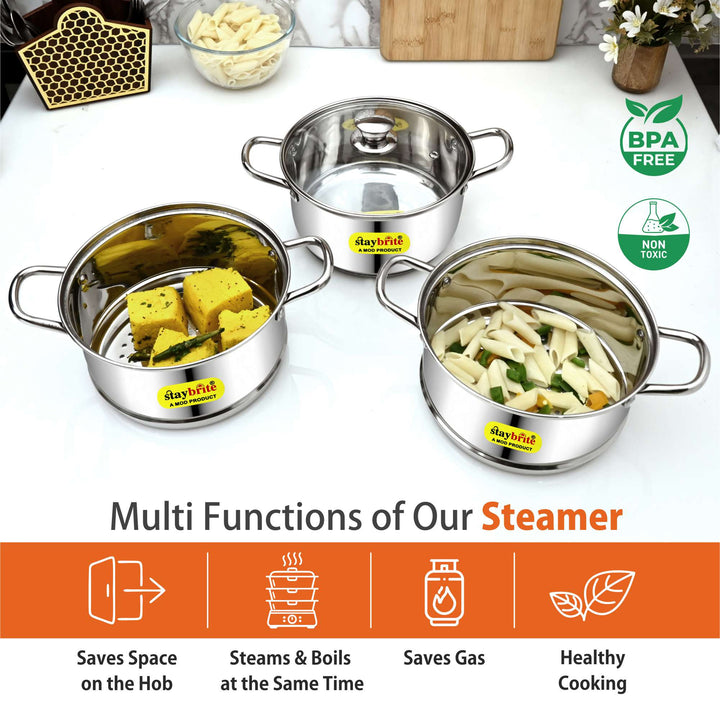 Staybrite Multi - Purpose Stainless Steel Steamer Kadai -20 cm