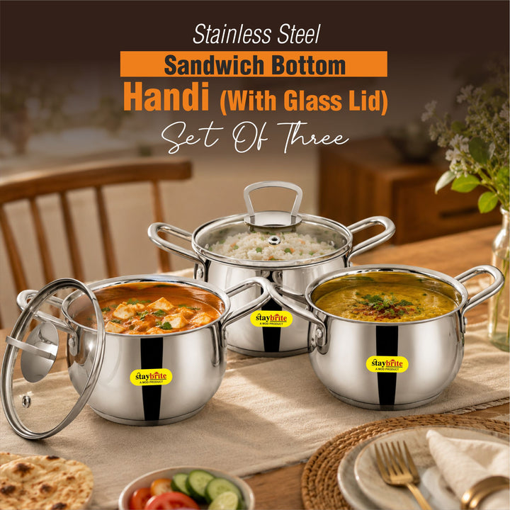 Staybrite Stainless Steel Cook and Serve Handi Set | 3-Piece (14, 16 &amp; 18 CM) with Glass Lid