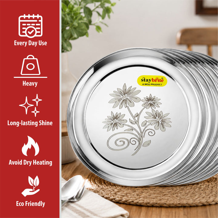 Staybrite Stainless Steel Rajbhog Plate Set of 6 | Dinner Plate Set