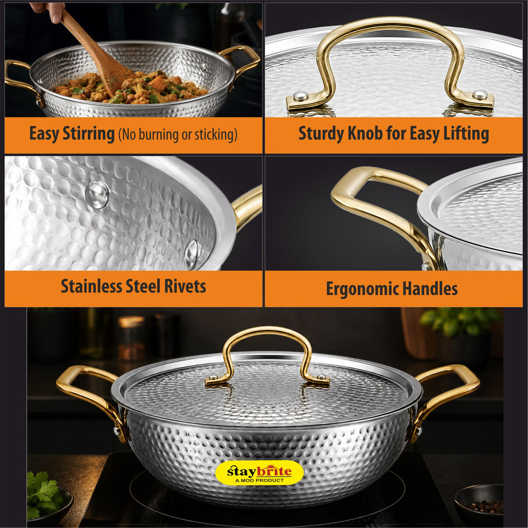 Triply Mathar Kadai with Hammered Lid | 3-Ply Stainless Steel Kadai