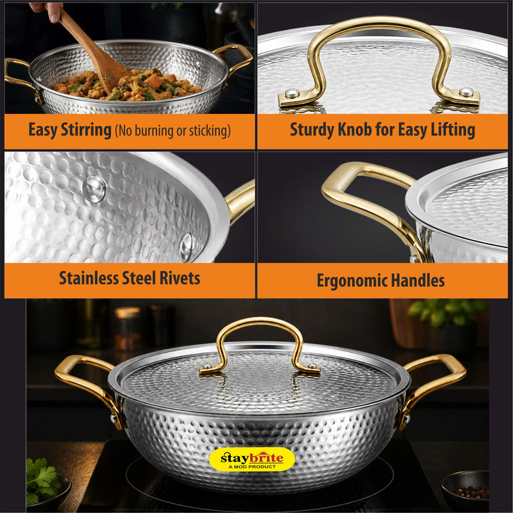 Triply Mathar Kadai with Hammered Lid | 3-Ply Stainless Steel Kadai