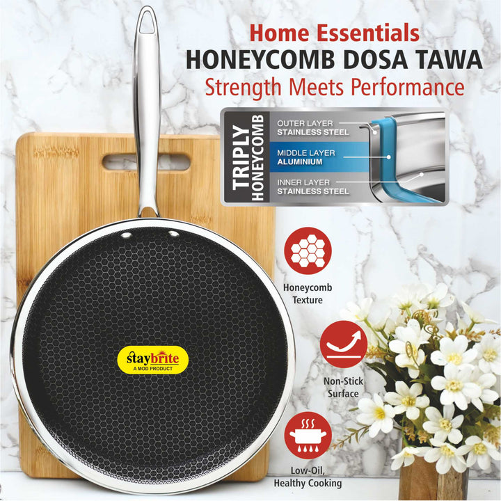 Triply Stainless Steel Dosa Tawa 3 mm with Honeycomb Non-Stick Surface